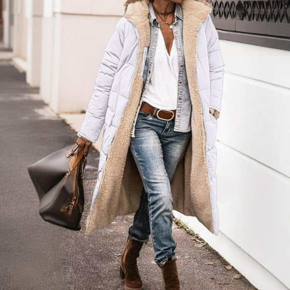 Dwralegc Women's Down Winter Coats Fashion Sherpa Oversized Reversible Fleece Outerwear Shearling Fleece Jacket Overcoats Puffer with Hood Long Coat White M