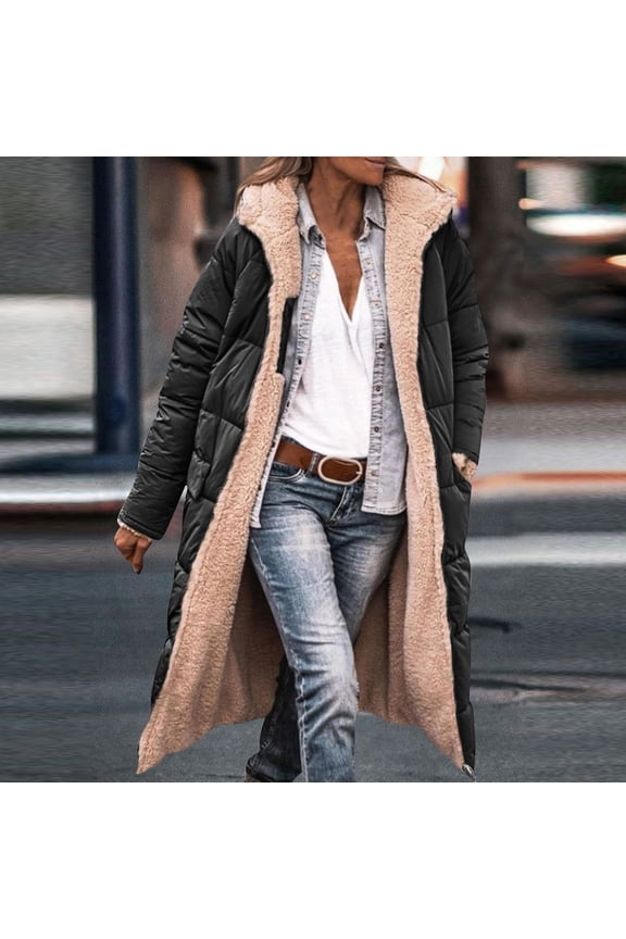 Women's Down Winter Coats Thick Sherpa Oversized Jackets Reversible Padded Down Puffer Shearling Fleece Jacket Overcoats Outerwear with Hood Parka Coat Black 3XL