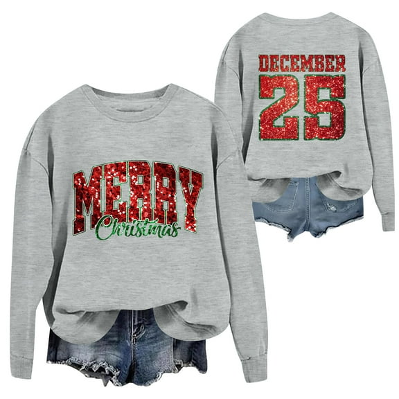 Dwralegc Womens Christmas Graphic Sweatshirts December 25 Graphic Christmas Tree Sweater Fleece Pullover Tops Funny Retro Sweatshirts Fall Winter Long Sleeve Pullover Gray M