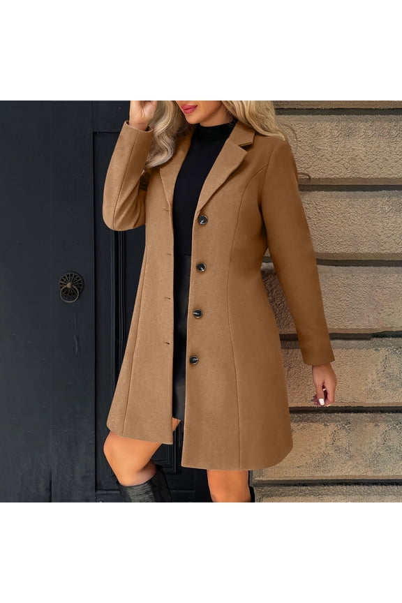 Womens Long Pea Coats Casual Mid Long Winter Coats Stand Collar Trench Wool Jackets Thicken Balck Overcoat with Pockets Coffee L