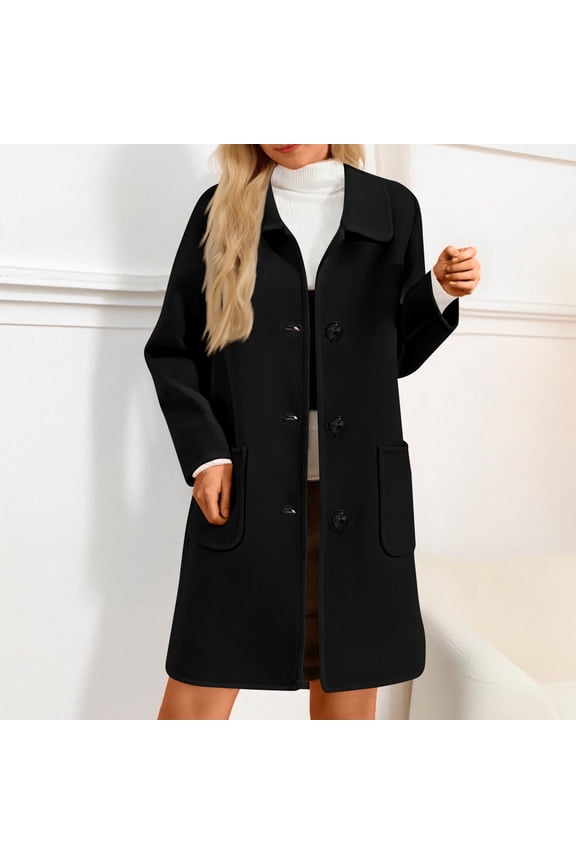 Womens Long Pea Coats Thicken Stand Collar Wool Coat Single Breasted Trench Casual Jackets Outerwear Balck Peacoat with Pockets Clearance Black 2XL