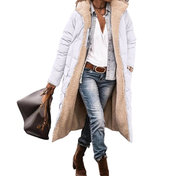 Dwralegc Womens Long Puffer Jacket Fashion Sherpa Jackets Oversized Reversible Padded Down Puffer Shearling Down Jacket Outerwear Overcoats with Hood Long Coats White XL