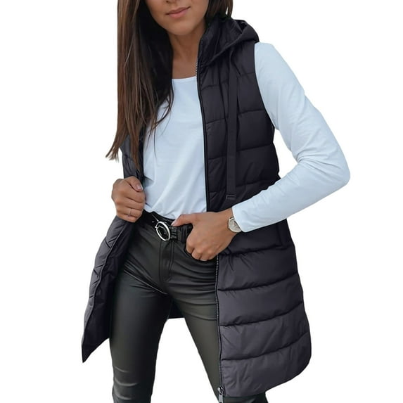 Dwralegc Womens Long Puffer Vest Puffy Trendy Outfits Zip Up Quilted Fall Winter Warm Hooded Vest Sleeveless Solid Color Long Coat with Pockets Black L