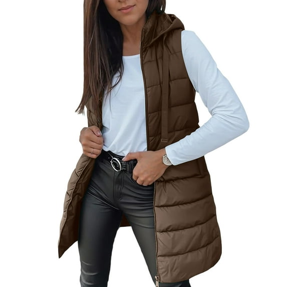 Dwralegc Womens Long Puffer Vest Zip Up Solid Color Winter Fashion Long Vest Puffy Trendy Outfits Sleeveless Quilted Hooded Coat with Hood Coffee 2XL