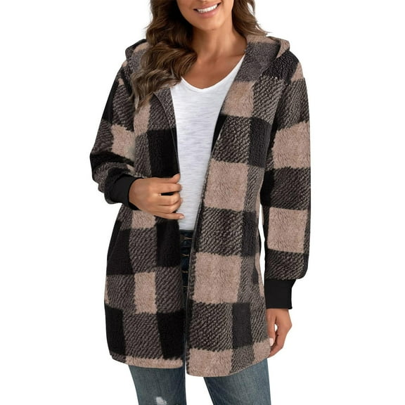 Dwralegc Womens Oversized Sherpa Jacket Fleece Fuzzy Zip Up Jacket Casual Christmas Coat Warm Loose Winter Outerwear Sherpa Plaid Jackets with Hood Clearance Brown L