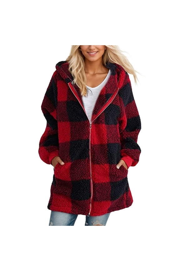 Womens Oversized Sherpa Jacket Fleece Fuzzy Zipper Jacket Warm Winter Coat Loose Hooded Christmas Outerwear Sherpa Plaid Jackets with Hood Clearance Red 4XL