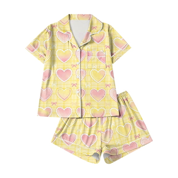 Dwralegc Womens Pajama Sets Valentines Heart Printed Button Down Lapel Short Sleeve Pajama Set Cute Comfy Romantic 2 Piece Pjs Sets Yellow XL