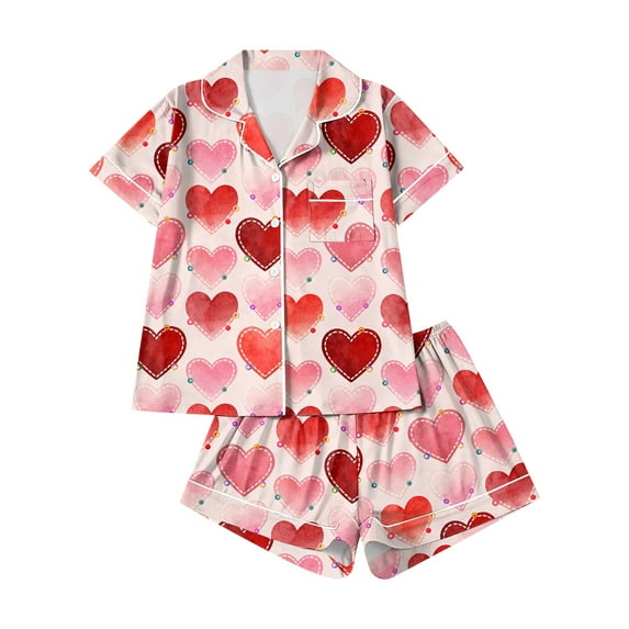 Dwralegc Womens Pajama Sets Valentines Love Heart Print Button Down Lapel Short Sleeve 2 Piece Pjs Sets Cute Loose Fit Loungewear Pajama Set Pink S