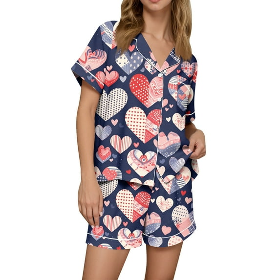 Dwralegc Womens Pajama Sets Valentines Love Heart Print Short Sleeve Lapel Button Down Pajama Set Loose Fit Cute Sleepwear Pajamas and Shorts Blue XL