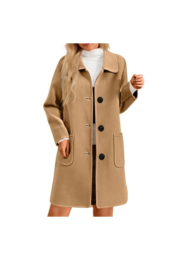 Womens Pea Coat Casual Mid Long Wool Blend Coats Trench Stand Collar Thicken Jackets Outerwear Balck Peacoat with Pockets Clearance Camel XL