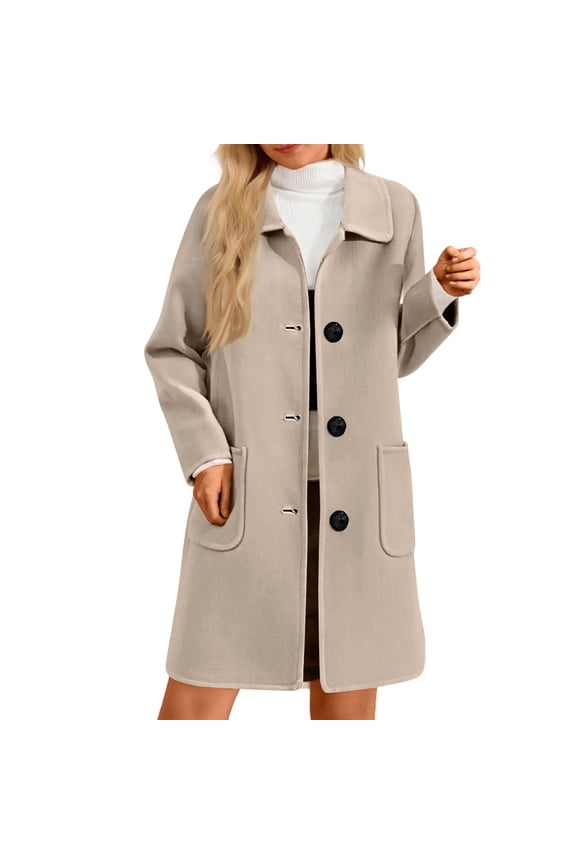 Womens Pea Coat Plus Size Stand Collar Wool Coat Single Breasted Mid Long Thicken Jackets & Coats Outerwear Balck Overcoat with Pockets Clearance Beige 2XL