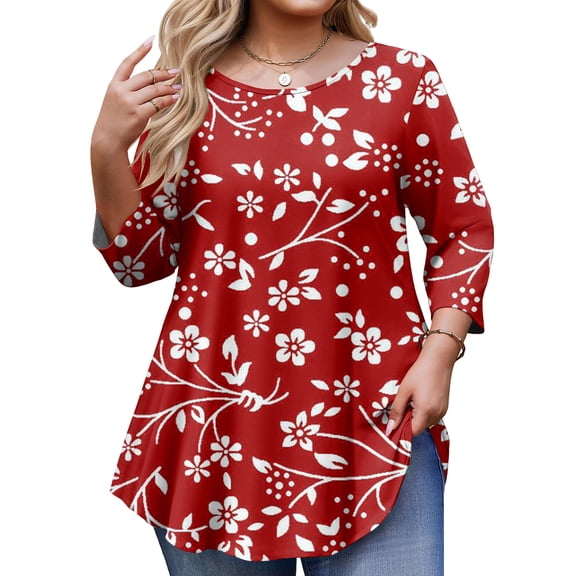 Dwralegc Womens Plus Size Tops 3/4 Sleeve Crewneck Casual Shirts with Leggings Tunic Spring 2026 Clothes Loose Plus Size Flowy Tops Vermilion 4XL