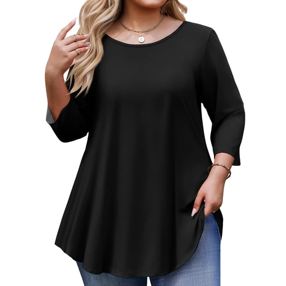 Dwralegc Womens Plus Size Tops 3/4 Sleeve Tunic Dressy Blouses with Asymmetrical Hem Crewneck Spring 2026 Tops Plus Size Loose Flowy Clothes Black 4XL