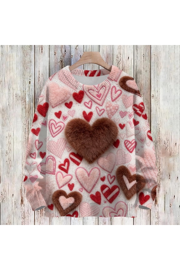 Womens Pullover Sweater Heart Print Casual Sweater Long Sleeve Knitted Plus Size 2026 Cute Sweater Tops Pink L