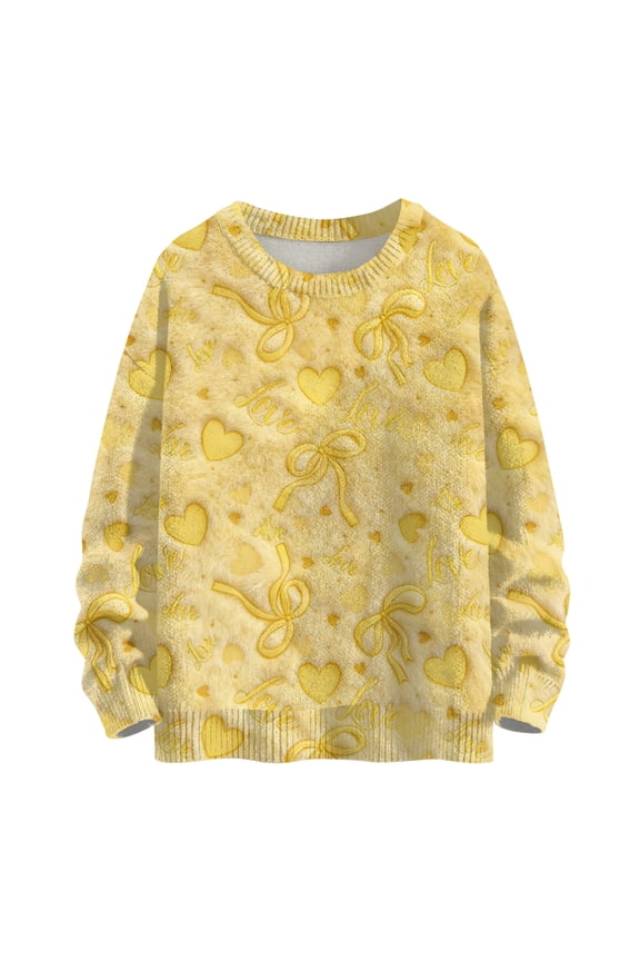 Womens Pullover Sweater Heart Print Fashion Sweaters Crew Neck Knitted Cute Valentine Plus Size Pullover Sweatershirt Yellow S