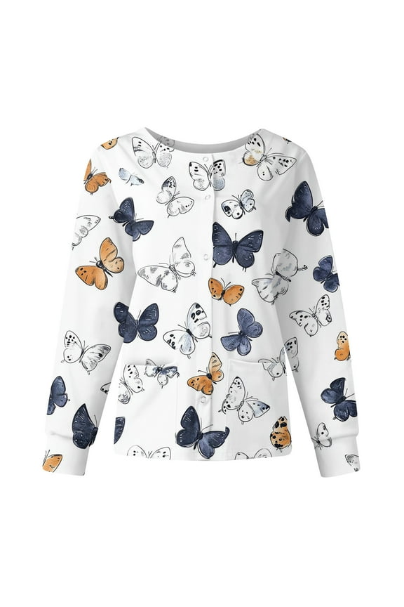 Womens Scrub Jacket Crew Neck Long Sleeve Snap Front Nursing Uniform Cute Cartoon Print Working Clearance Nurse Jacket White M