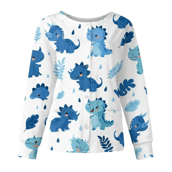 Dwralegc Womens Scrub Jacket Long Sleeve Cute Cartoon Print Scrub Top Snap Front Stretchy Nurses Working Uniforms Warm up Medical Scrubs Sets Sky Blue M