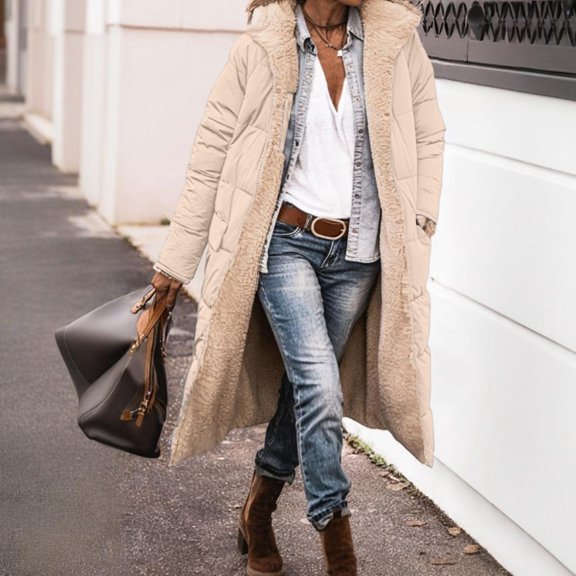 Dwralegc Womens Sherpa Long Puffer Jackets Thick Sherpa Lined Oversized Reversible Padded Down Outerwear Shearling Down Jackets Overcoats Puffer Winter Warm Coats Beige S