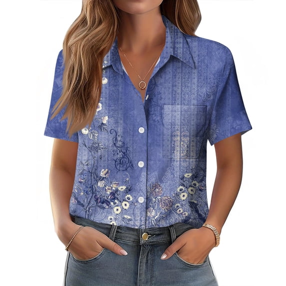 Dwralegc Womens Short Sleeve Tunic Blouse V Neck Button Down Shirt Casual Business Work Clothing Dressy Solid Color Summer Spring Short Sleeve Outfits Blue XL