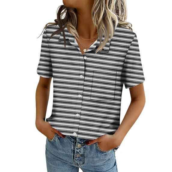 Dwralegc Womens Short Sleeve Tunic Blouse V Neck Button Down Shirts Business Work Dressy Clothing Casual Summer Spring Solid Color Short Sleeve Tops Black M