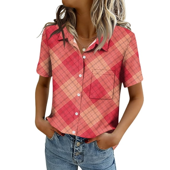 Dwralegc Womens Short Sleeve Tunic Blouse V Neck Button Down Shirts Dressy Casual Work Clothing Business Solid Color Summer Spring Short Sleeve Tops Watermelon Red M