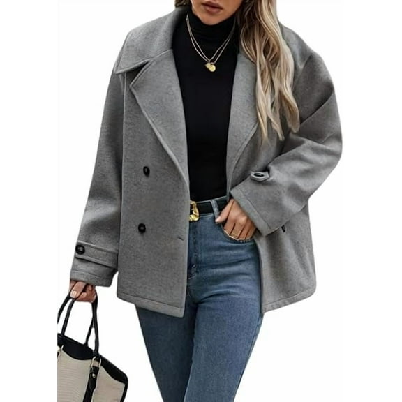 Dwralegc Womens Short Trench Coat Cropped Thicken Stand Collar Winter Coat Double Breasted Trench Wool Jackets Dress Short Peacoat with Pockets Clearance Dark Grey L
