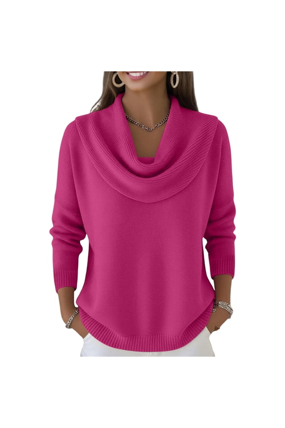Womens Sweaters Cozy Solid Color Cowl Neck Knitted Clothes Long Sleeve Blouses Jumper Trendy Autumn and Winter Sweater Hot Pink 2XL