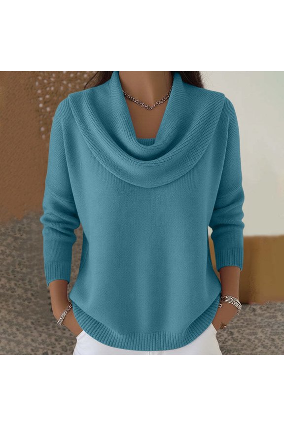 Womens Sweaters Lightweight Solid Color Cowl Neck Knit Pullover Jumper Clothes Long Sleeve Trendy Autumn and Winter Sweaters Light Blue XL