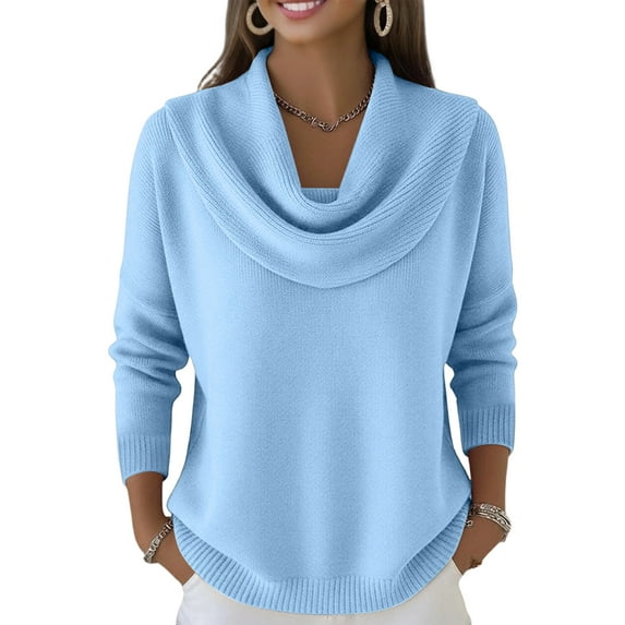 Dwralegc Womens Sweaters Lightweight Solid Color Jumper Knit Pullover Long Sleeve Tops Cowl Neck Casual Winter Spring Sweater Sky Blue XL