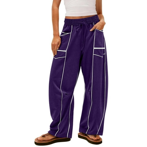 Dwralegc Womens Sweatpants Wide-Leg Elastic Waist Pants Baggy Color Block Lounge Pants Athletic Drawstring Beach Trousers with Pockets Dark Purple 2XL