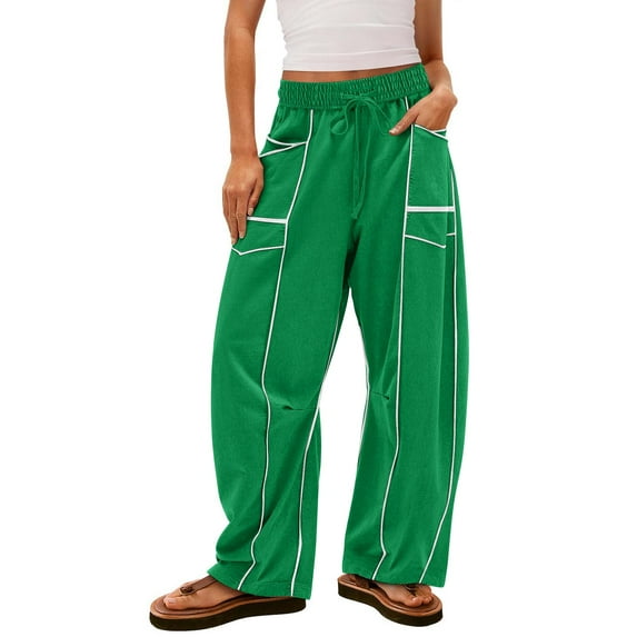 Dwralegc Womens Sweatpants Wide-Leg High Waisted Sweatpant Baggy Color Block Patchwork Pants Casual Drawstring Trendy Trousers with Pockets Green XL