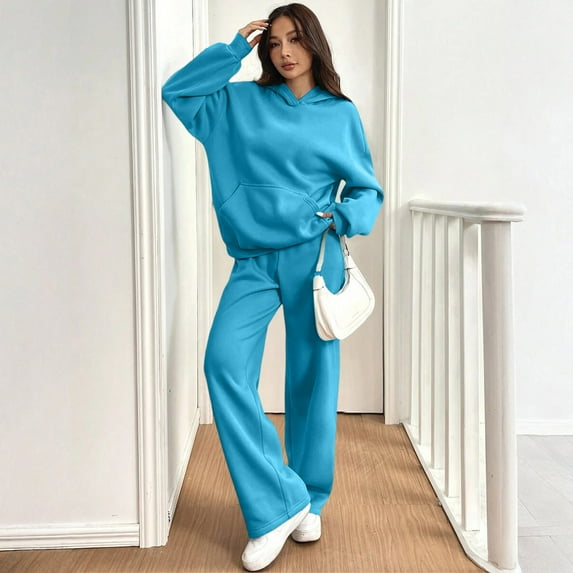 Dwralegc Womens Sweatsuits 2 Piece Set Long Sleeve Fleece Hooded Sweatshirt Loose Wide Leg Drawstring Sweatpant Running Baggy Fall Winter Sweatsuit with Pockets Royal Blue M