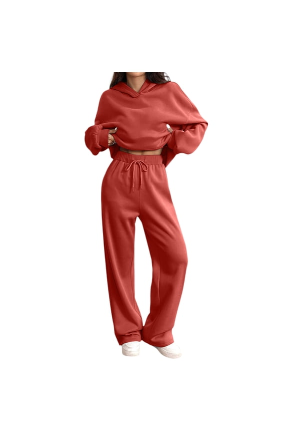 Womens Sweatsuits 2 Piece Set Long Sleeve Fleece Hooded Sweatshirts Lounge Drawstring Wide Leg Sweatpants Sport Loose Winter Tracksuit with Pockets Saffron S