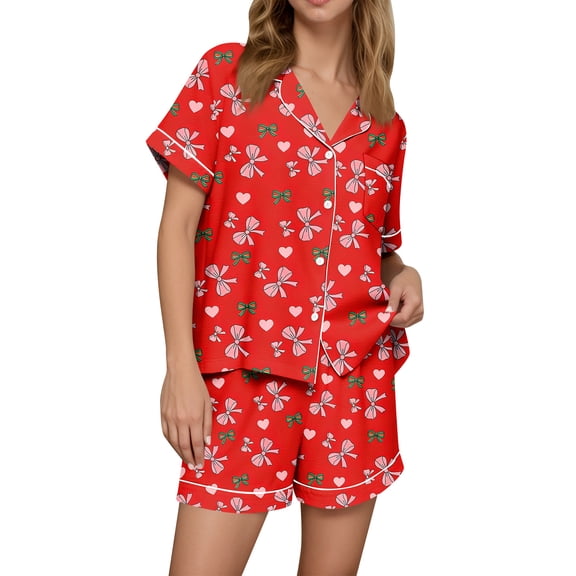Dwralegc Womens Valentin's Day Pajamas Shorts Set Heart Printed Button Down Lapel Short Sleeve Pajama Set Loose Fit Romantic Cute Pajamas and Shorts Wine S