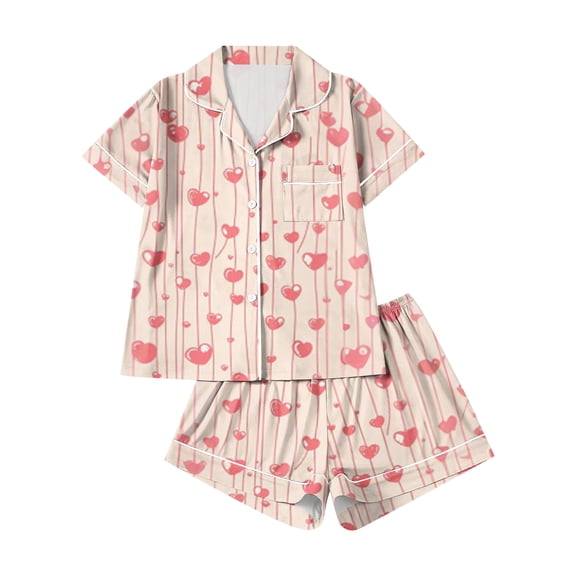 Dwralegc Womens Valentin's Day Pajamas Shorts Set Heart Printed Lapel Button Down Short Sleeve 2 Piece Pjs Sets Cute Comfy Loungewear Pajamas and Shorts Pink 2XL
