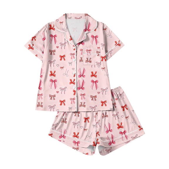 Dwralegc Womens Valentin's Day Pajamas Shorts Set Heart Printed Short Sleeve Button Down Lapel Pajama Set Loose Fit Romantic Sleepwear Pajamas and Shorts Watermelon Red XL