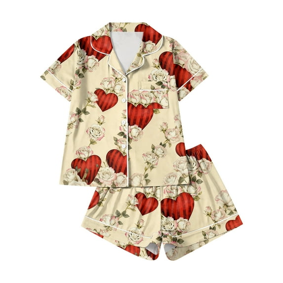 Dwralegc Womens Valentin's Day Pajamas Shorts Set Heart Printed Short Sleeve Button Down Lapel Pajamas and Shorts Cute Loose Fit Sleepwear 2 Piece Pjs Shorts Set Beige M
