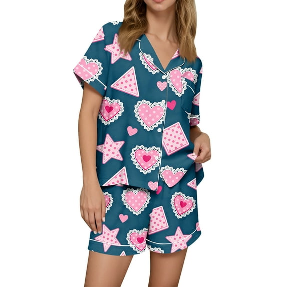 Dwralegc Womens Valentin's Day Pajamas Shorts Set Love Heart Print Button Down Lapel Short Sleeve Pajamas and Shorts Cute Romantic Loose Fit 2 Piece Pjs Sets Blue 2XL