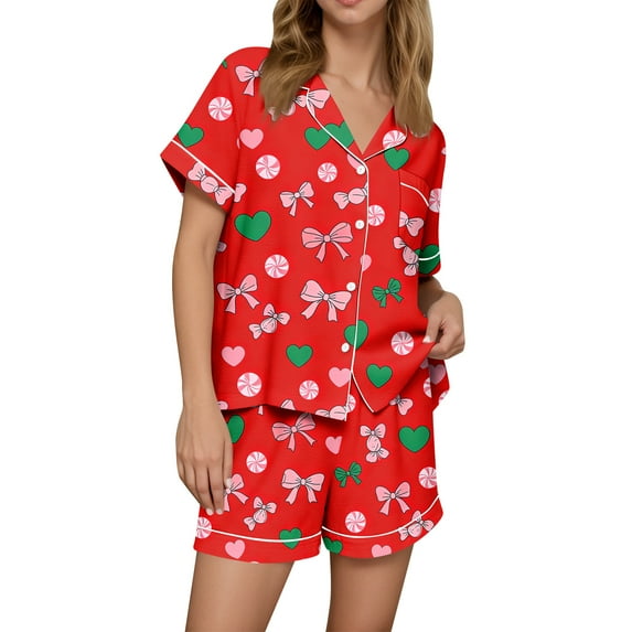 Dwralegc Womens Valentin's Day Pajamas Shorts Set Love Heart Print Lapel Button Down Short Sleeve Pajama Set Loungewear Loose Fit Sleepwear 2 Piece Pjs Sets Vermilion M
