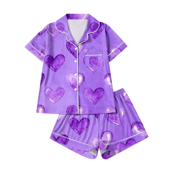 Dwralegc Womens Valentin's Day Pajamas Shorts Set Love Heart Print Short Sleeve Button Down Lapel 2 Piece Pjs Shorts Set Comfy Loungewear Sleepwear 2 Piece Pjs Sets Purple XL