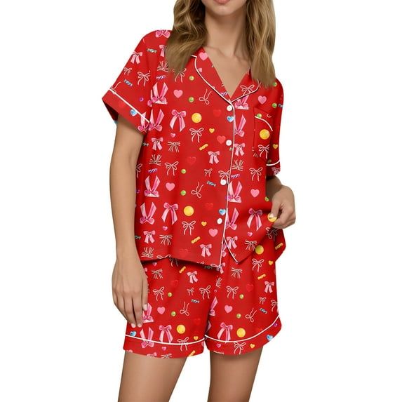 Dwralegc Womens Valentin's Day Pajamas Shorts Set Love Heart Print Short Sleeve Button Down Lapel 2 Piece Pjs Shorts Set Loose Fit Comfy Cute Pajama Set Red L