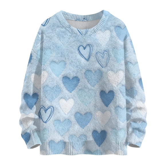 Dwralegc Womens Valentine Sweaters Heart Graphic Plus Size Sweater Crew Neck Knitted Casual 2026 Cute Pullover Sweatershirt Light Blue 2XL