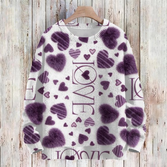 Dwralegc Womens Valentine Sweaters Heart Print Plus Size Sweater Knitted Crew Neck Casual 2026 Cute Pullover Sweatershirt Purple S