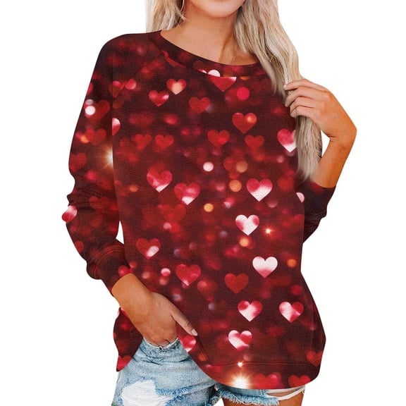Dwralegc Womens Valentine Tops Long Sleeve Tunic Crew Neck Lightweight Top 2026 Plus Size Tees Heart Print Oversized Blouses Wine XL