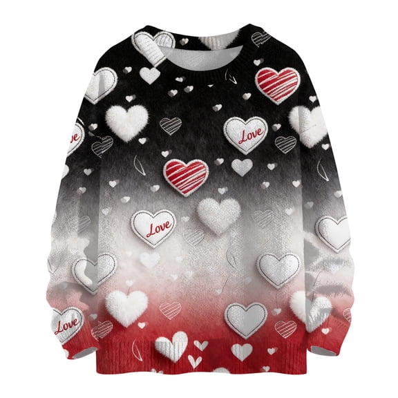 Dwralegc Womens Valentines Day Sweater Heart Graphic Cute Sweaters Long Sleeve Knitted Fashion Spring Plus Size Pullover Sweatershirt Black 2XL