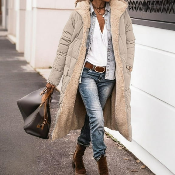 Dwralegc Womens Winter Coats Thick Sherpa Parka Reversible Fleece Puffer Shearling Fleece Jackets Overcoats Outerwear with Hood Warm Coat Khaki XL