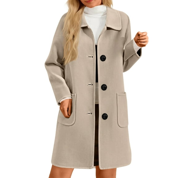 Dwralegc Wool Pea Coats for Women Casual Single Breasted Outerwear Coats Stand Collar Trench Wool Jackets & Coats Thicken Balck Overcoat with Pockets Clearance Beige L