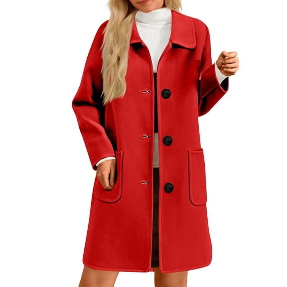Dwralegc Wool Pea Coats for Women Dress Trench Winter Coat Mid Long Single Breasted Wool Jackets & Coats Casual Balck Overcoat with Pockets Clearance Red M