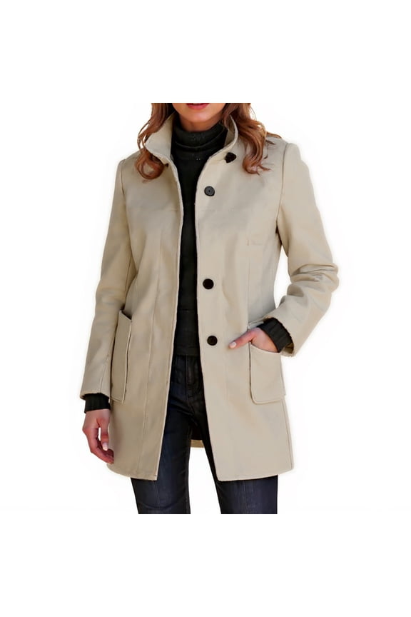 Wool Pea Coats for Women Thicken Stand Collar Winter Coats Mid Long Single Breasted Wool Blend Jackets Casual Balck Overcoat with Pockets Clearance Beige 2XL