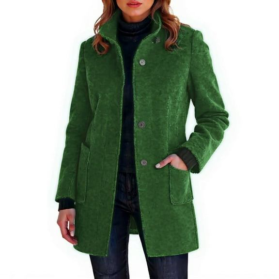 Dwralegc Wool Pea Coats for Women Thicken Trench Wool Coats Single Breasted Mid Long Casual Jackets Outerwear Balck Overcoat with Pockets Clearance Dark Green 2XL